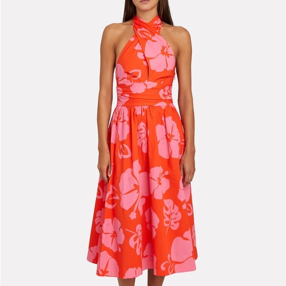 STAUD Moana Floral Cotton Halter Midi Dress in Red Hibiscus - Picture 1 of 5